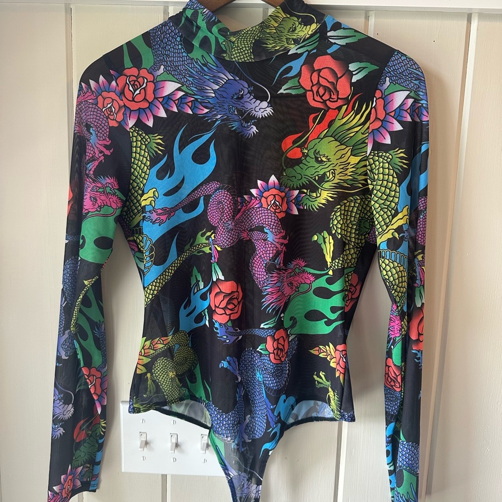 Long-Sleeve Women’s Swim Bodysuit in Multicolor Dragon Print